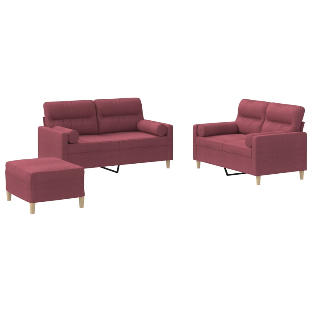 Ensemble de canapés 3 pcs avec coussins rouge bordeaux tissu