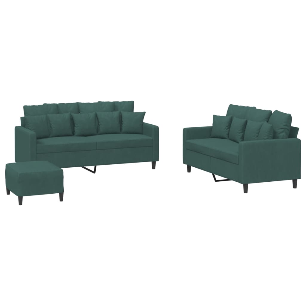 Ensemble de canapés 3 pcs avec coussins Vert foncé Velours