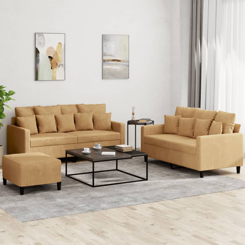 Ensemble de canapés 3 pcs avec coussins Marron Velours