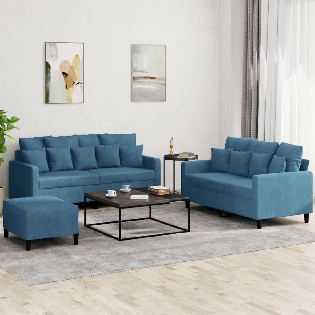 Ensemble de canapés 3 pcs avec coussins Bleu Velours