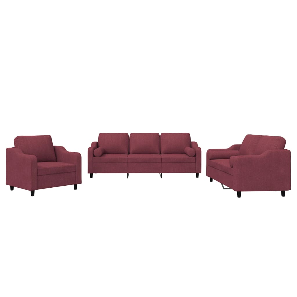Ensemble de canapés 3 pcs avec coussins rouge bordeaux tissu