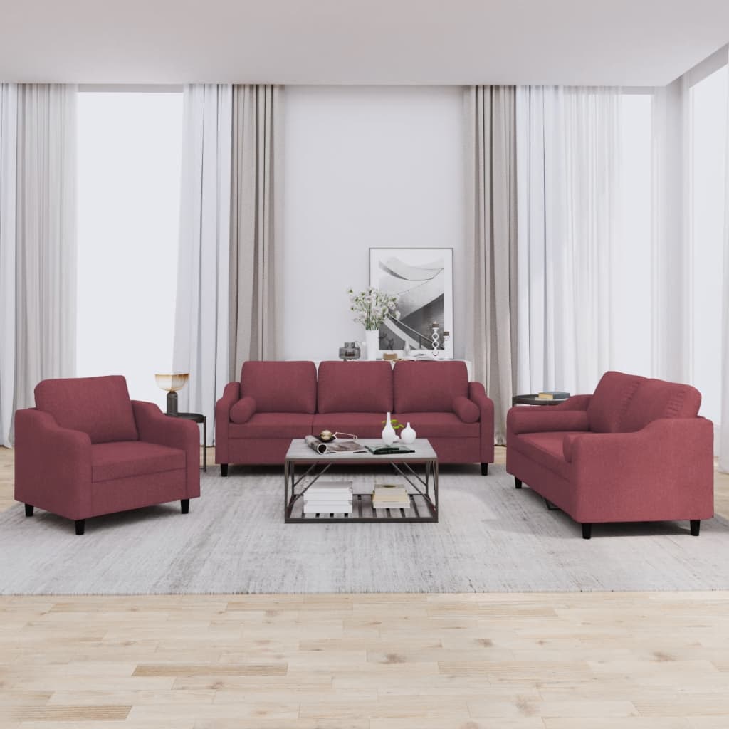 Ensemble de canapés 3 pcs avec coussins rouge bordeaux tissu
