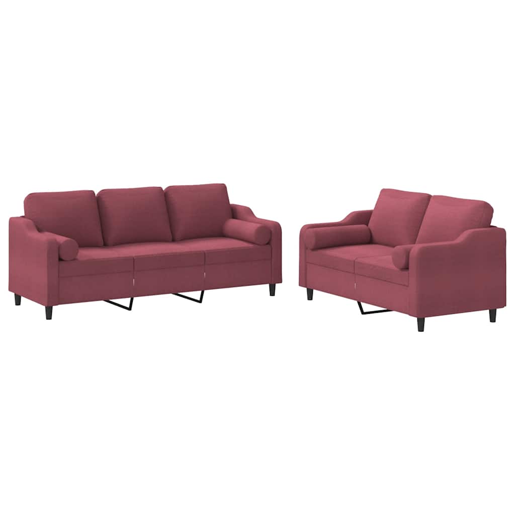 Ensemble de canapés 2 pcs avec coussins rouge bordeaux tissu