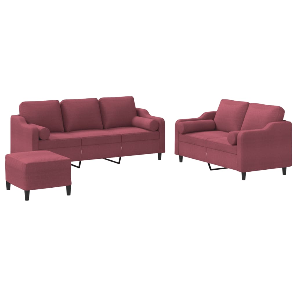 Ensemble de canapés 3 pcs avec coussins rouge bordeaux tissu