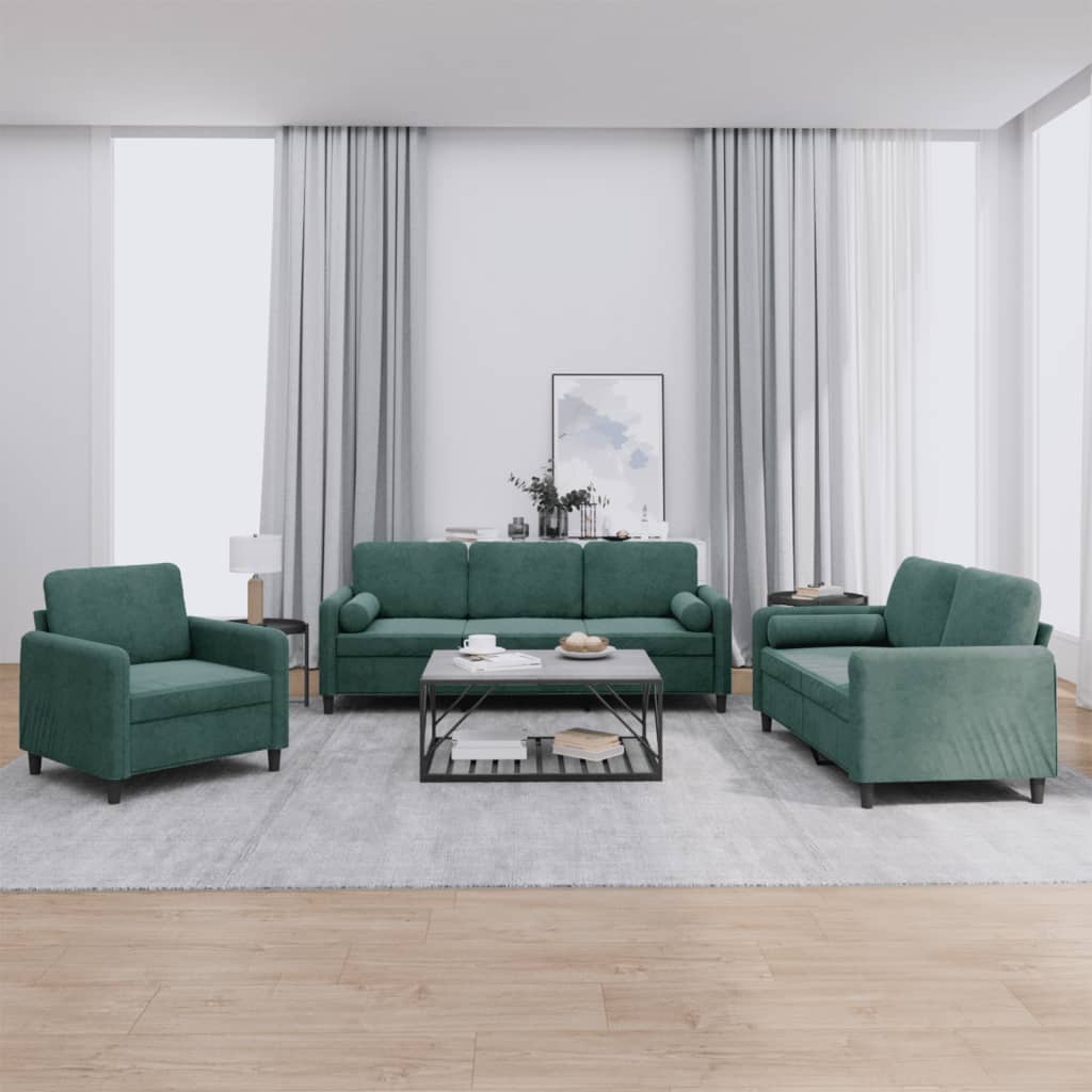 Ensemble de canapés 3 pcs avec coussins vert foncé velours