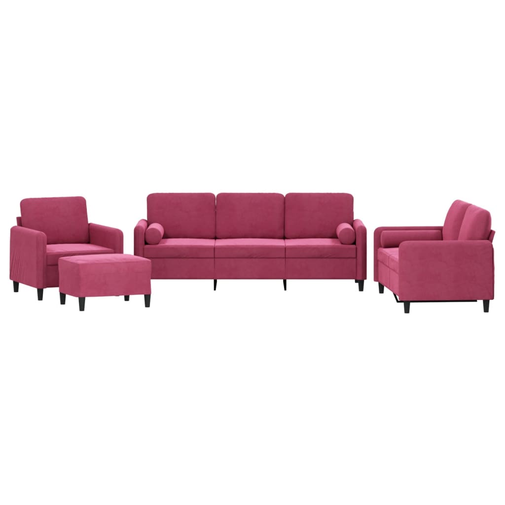 Ensemble de canapés 4 pcs avec coussins rouge bordeaux velours