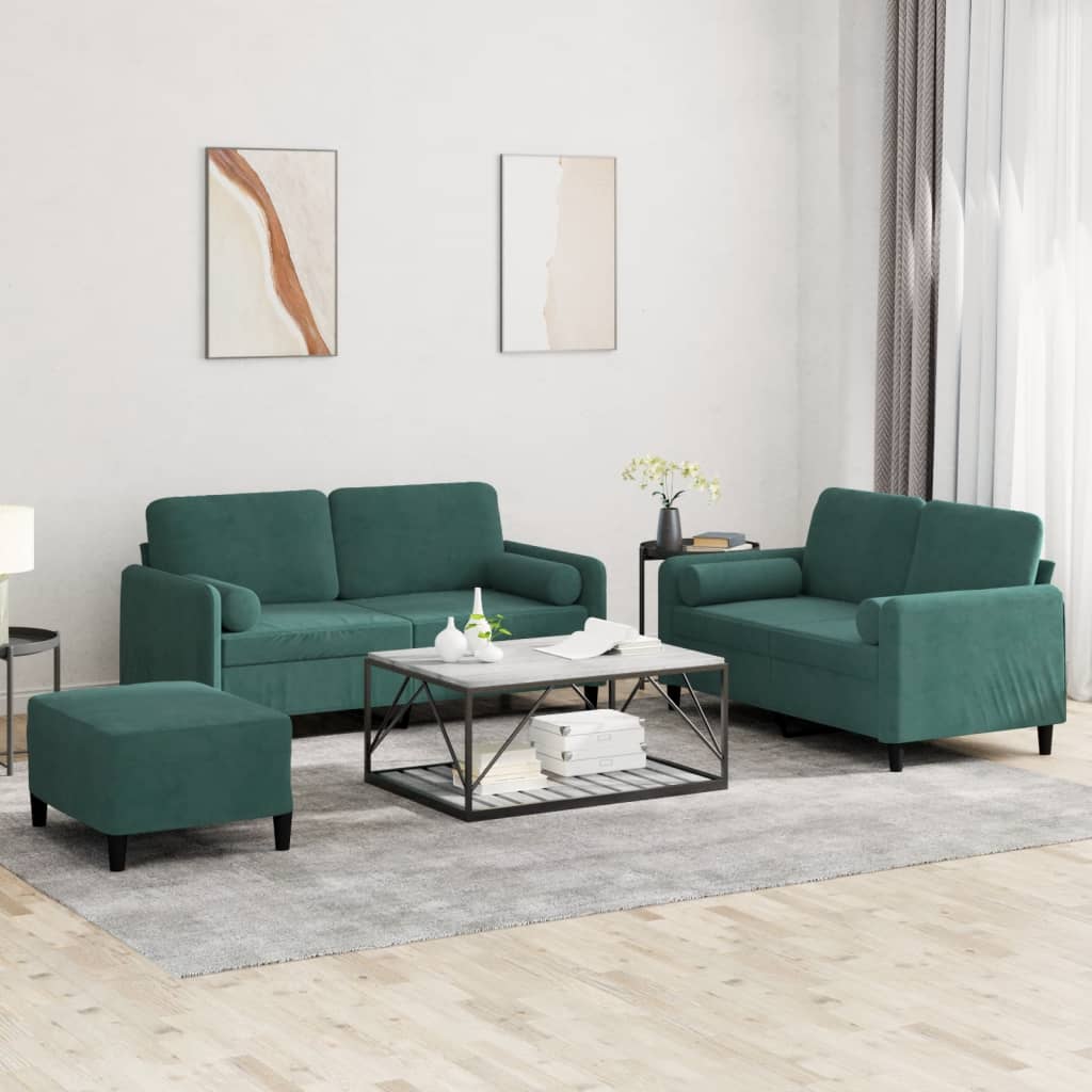 Ensemble de canapés 3 pcs avec coussins vert foncé velours