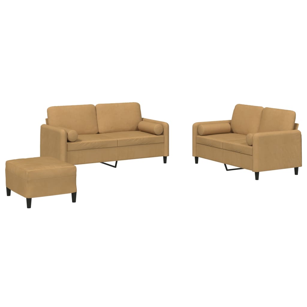 Ensemble de canapés 3 pcs avec coussins marron velours
