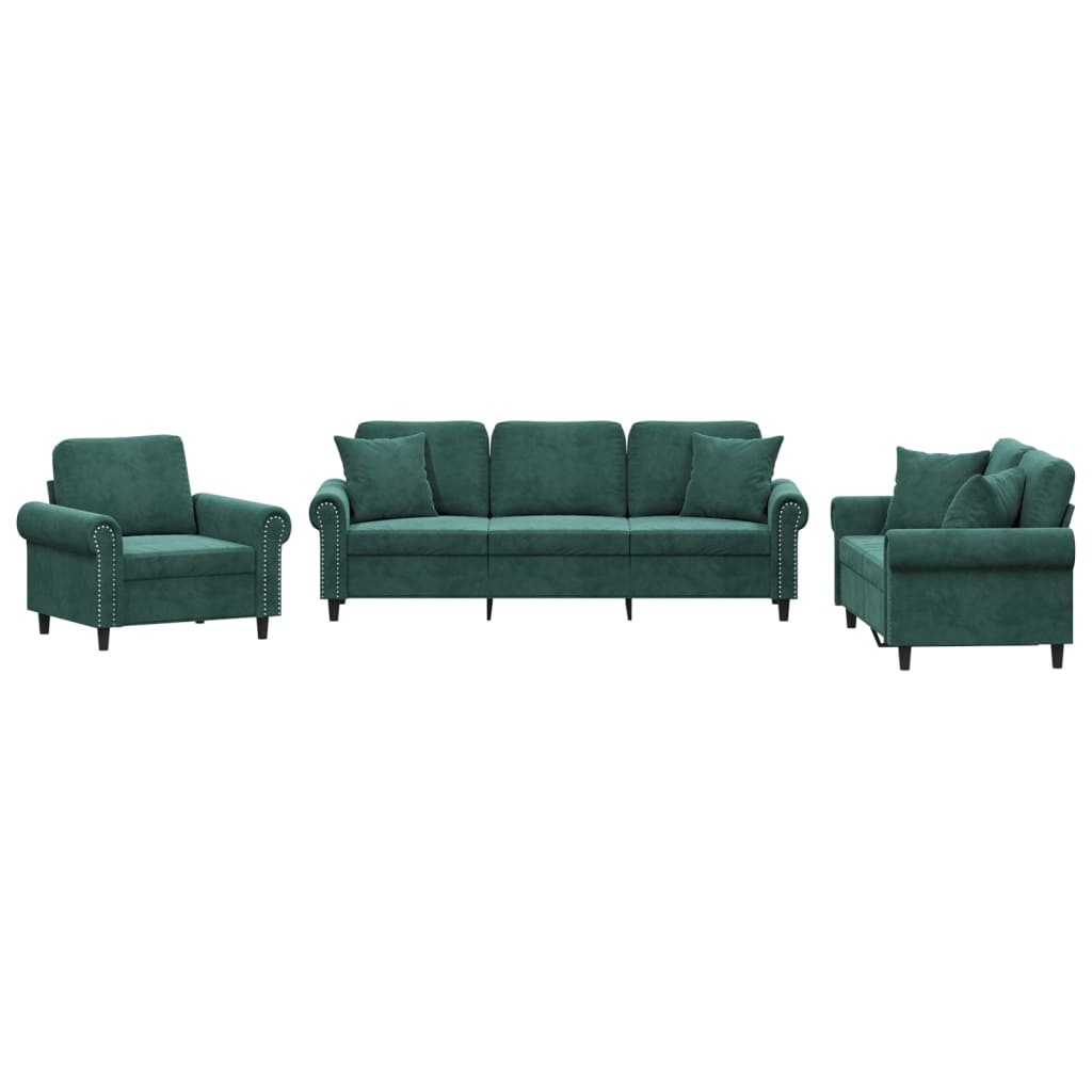 Ensemble de canapés 3 pcs avec coussins vert foncé velours