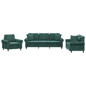 Ensemble de canapés 3 pcs avec coussins vert foncé velours