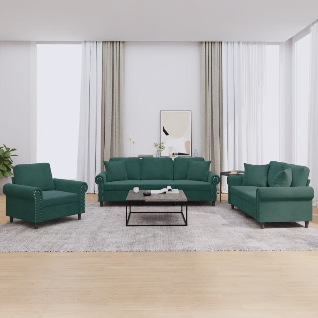 Ensemble de canapés 3 pcs avec coussins vert foncé velours
