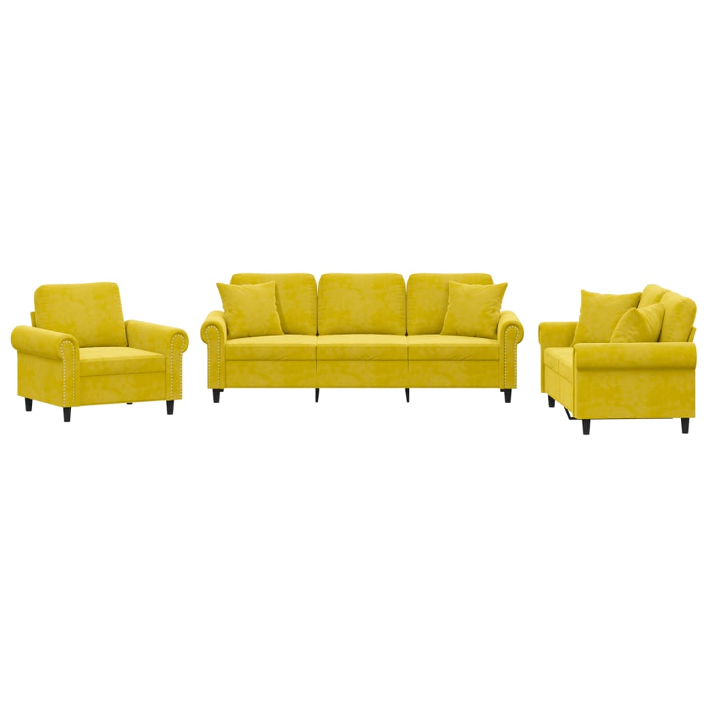 Ensemble de canapés 3 pcs avec coussins jaune velours