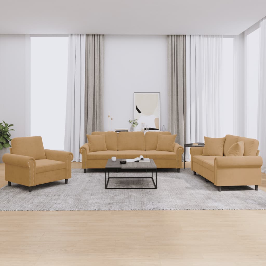 Ensemble de canapés 3 pcs avec coussins marron velours