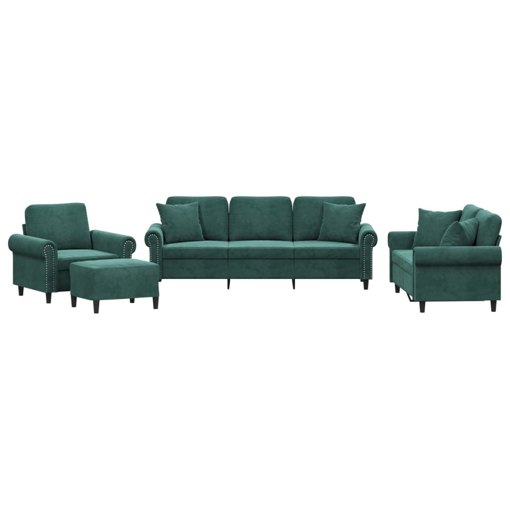 Ensemble de canapés 4 pcs avec coussins vert foncé velours