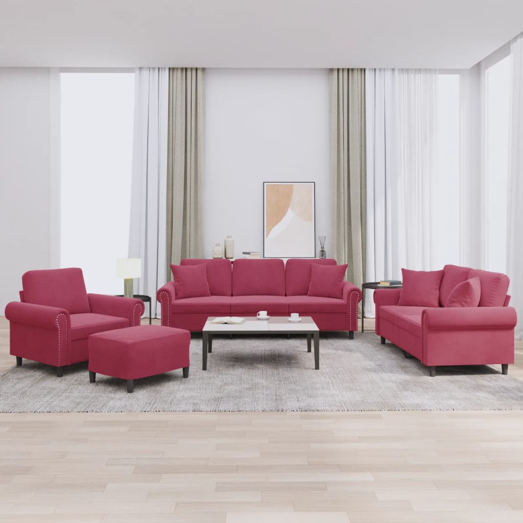Ensemble de canapés 4 pcs avec coussins rouge bordeaux velours