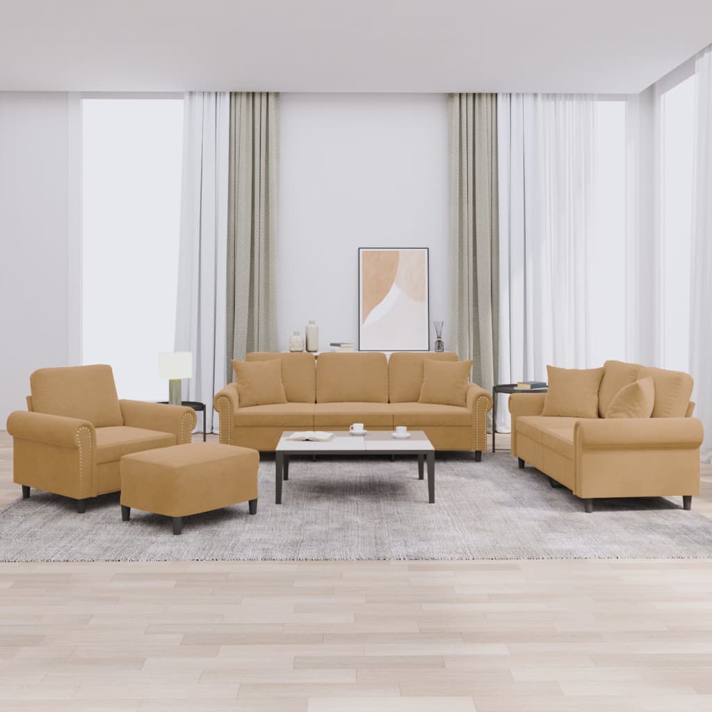 Ensemble de canapés 4 pcs avec coussins marron velours