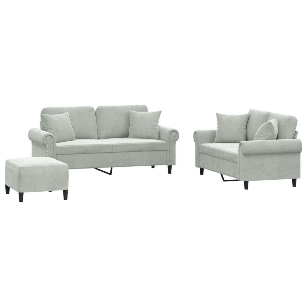 Ensemble de canapés 3 pcs avec coussins gris clair velours