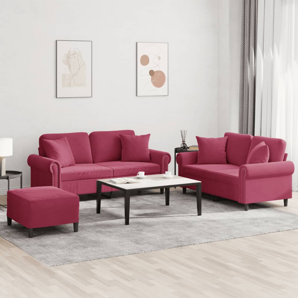 Ensemble de canapés 3 pcs avec coussins rouge bordeaux velours