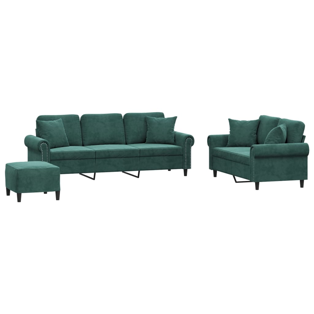 Ensemble de canapés 3 pcs avec coussins vert foncé velours