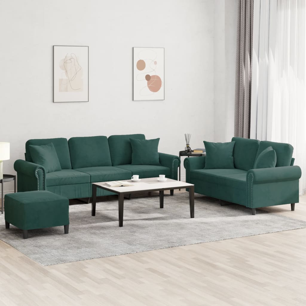 Ensemble de canapés 3 pcs avec coussins vert foncé velours