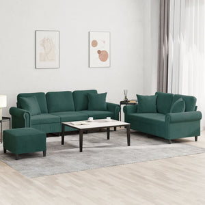 Ensemble de canapés 3 pcs avec coussins vert foncé velours