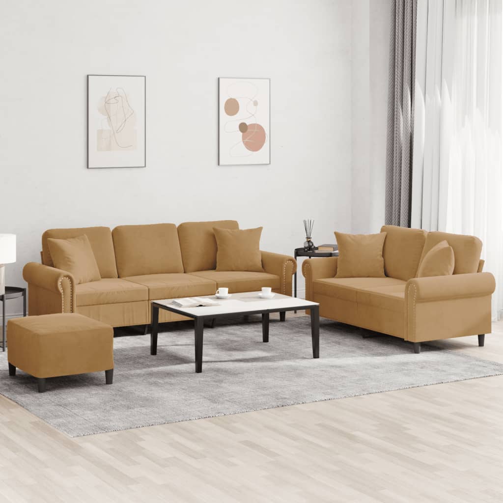 Ensemble de canapés 3 pcs avec coussins marron velours