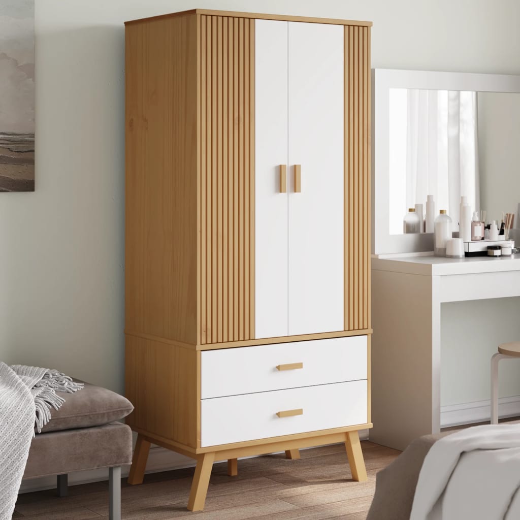 Garde-robe OLDEN blanc et marron 76,5x53x172 cm bois massif pin
