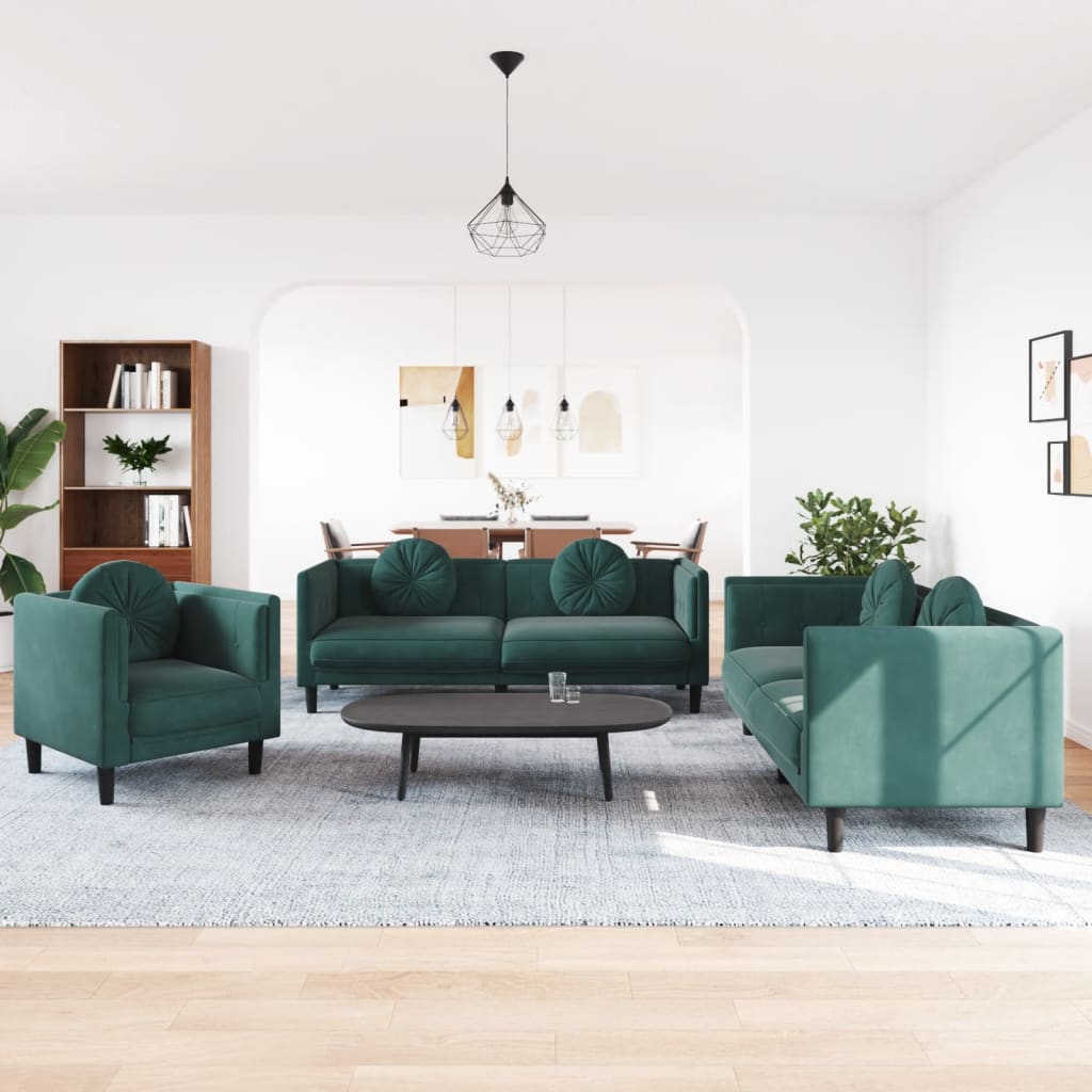 Ensemble de canapés 3 pcs avec coussins vert foncé velours