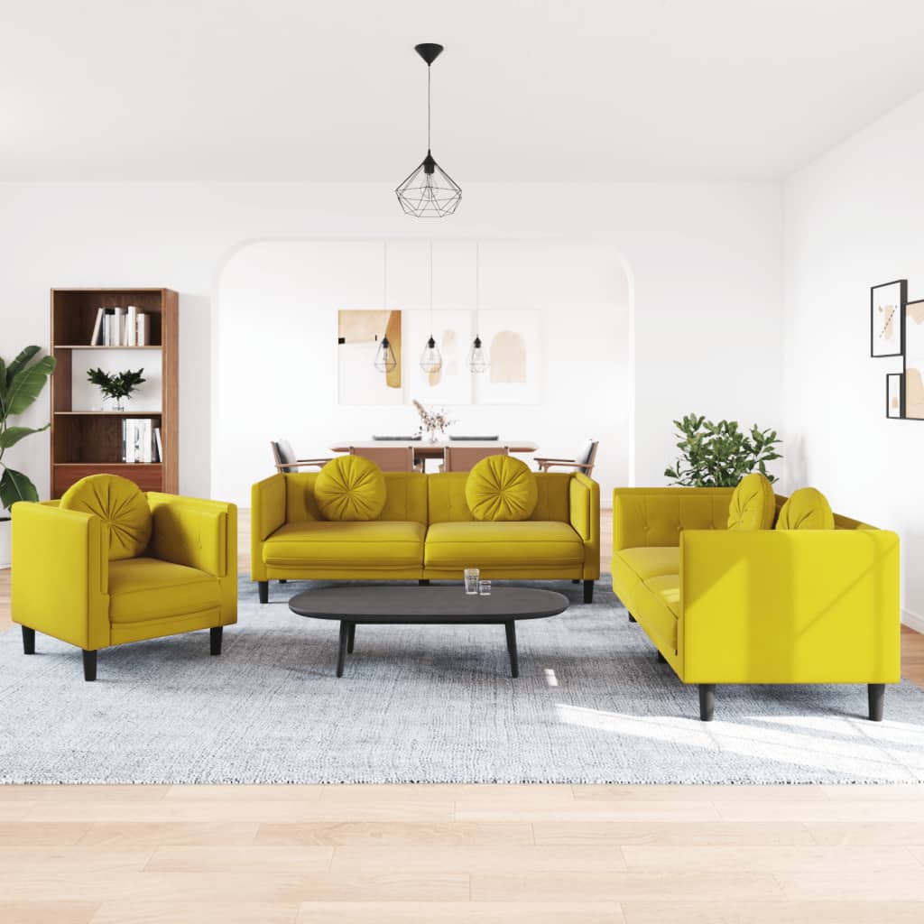 Ensemble de canapés 3 pcs avec coussins jaune velours