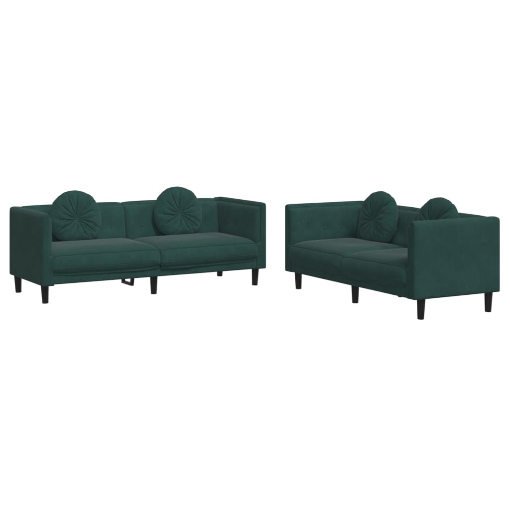 Ensemble de canapés 2 pcs avec coussins vert foncé velours