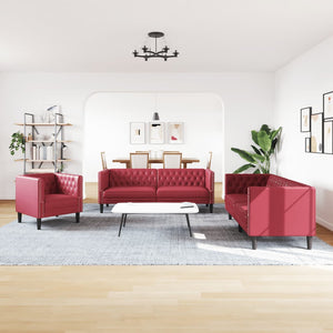 Ensemble de canapés Chesterfield 3pcs rouge bordeaux similicuir