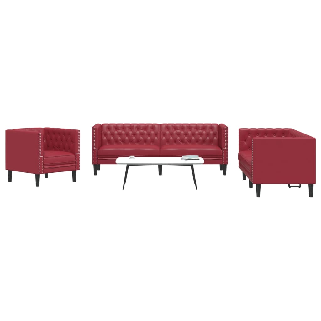Ensemble de canapés Chesterfield 3pcs rouge bordeaux similicuir