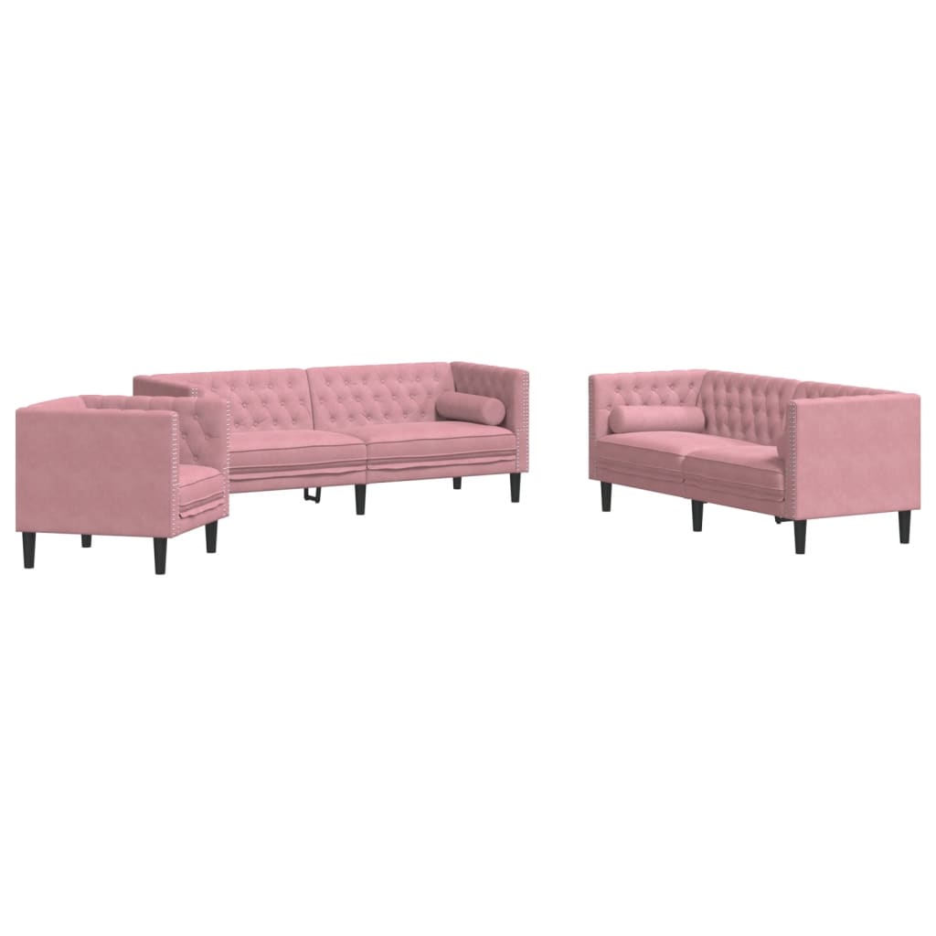 Ensemble de canapé Chesterfield et traversins 3pcs rose velours