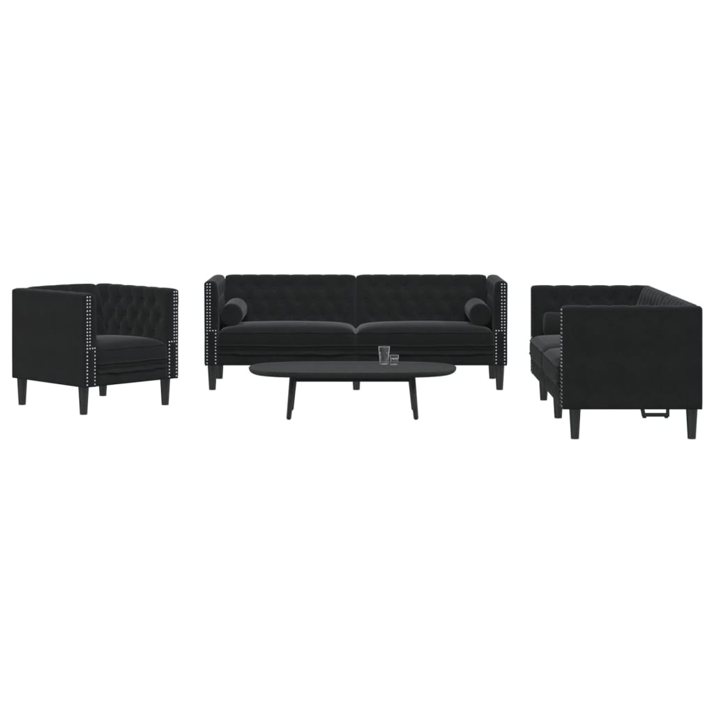 Ensemble de canapé Chesterfield et traversins 3pcs noir velours