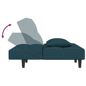Canapé-lit à 2 places avec deux oreillers bleu velours