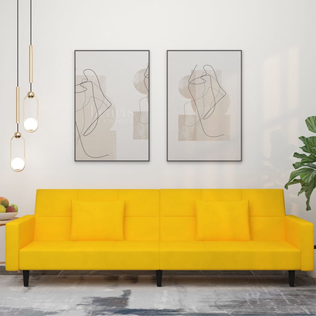 Canapé-lit à 2 places avec deux oreillers Jaune Velours