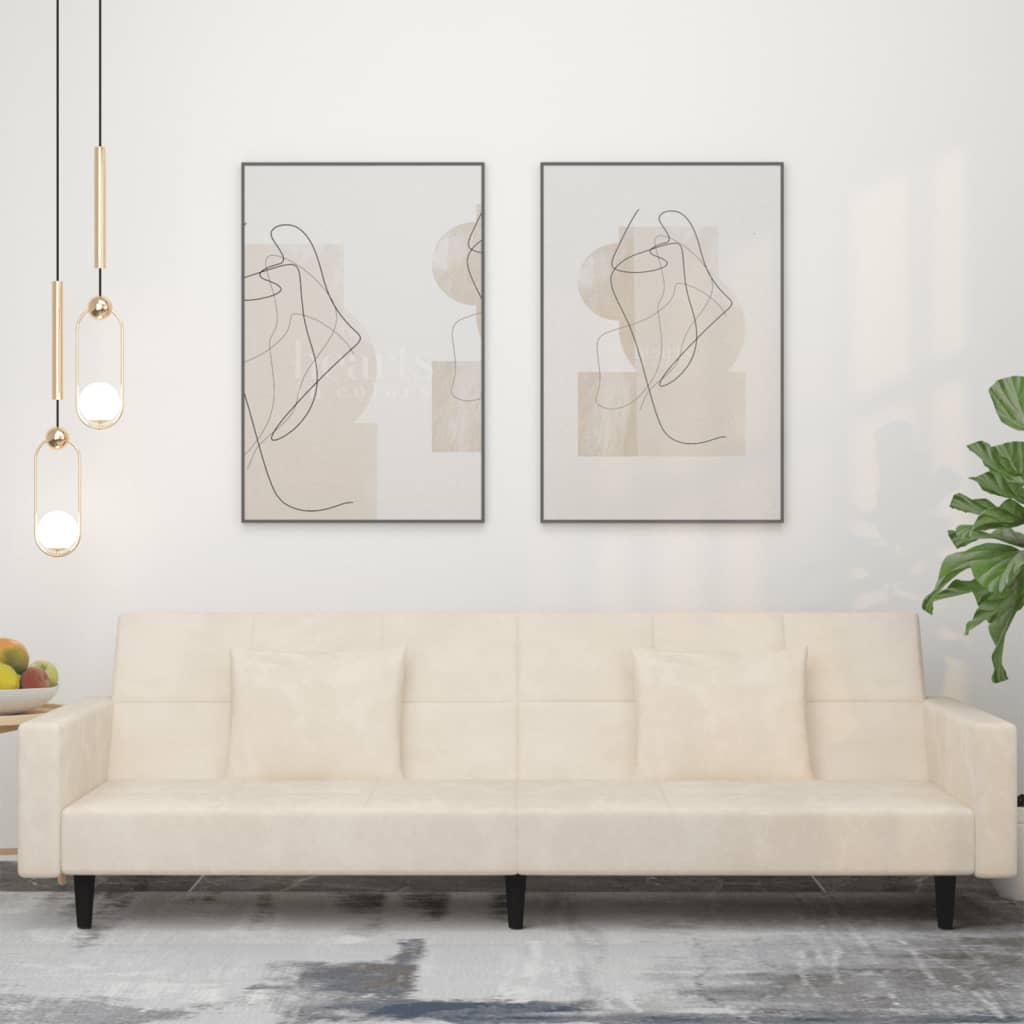 Canapé-lit à 2 places avec deux oreillers crème velours