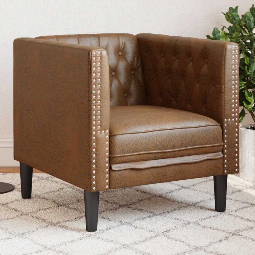 Fauteuil Chesterfield marron similicuir daim
