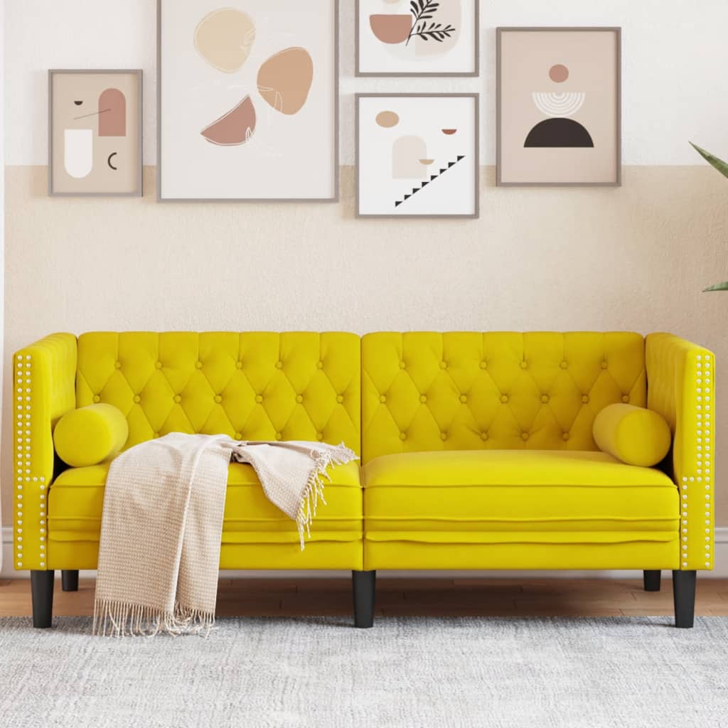 Canapé Chesterfield avec traversins 2 places jaune velours
