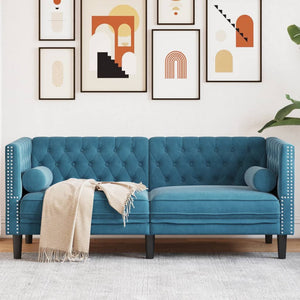 Canapé Chesterfield avec traversins 2 places bleu velours