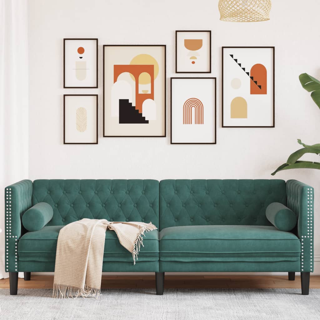 Canapé Chesterfield avec traversins 3 places vert foncé velours