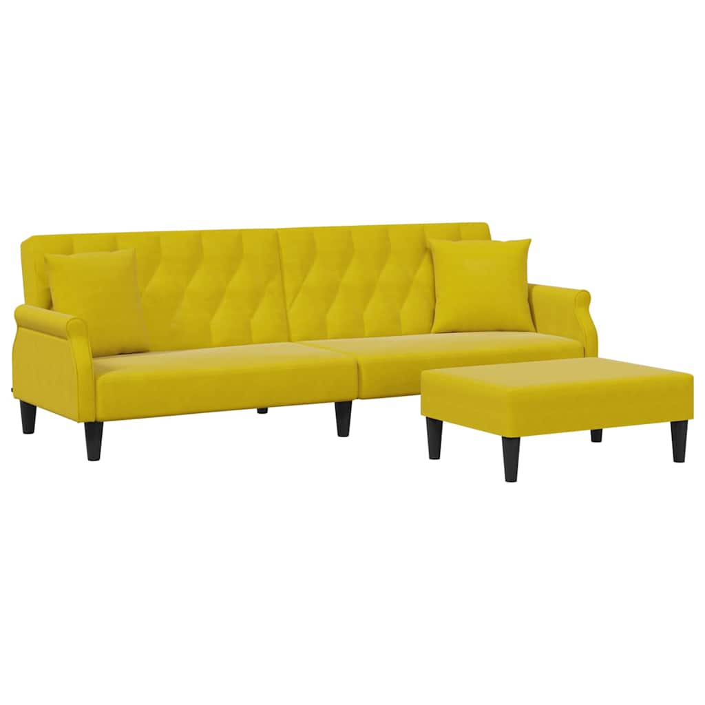 Canapé-lit à 2 places et oreillers et repose-pied jaune velours