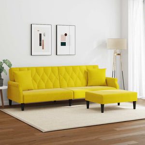 Canapé-lit à 2 places et oreillers et repose-pied jaune velours