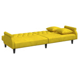 Canapé-lit à 2 places et oreillers et repose-pied jaune velours