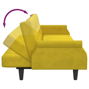 Canapé-lit à 2 places et oreillers et repose-pied jaune velours