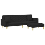 Canapé-lit à 2 places et oreillers et repose-pied noir tissu