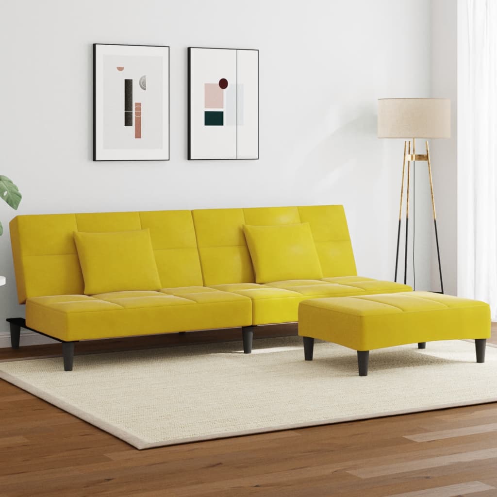 Canapé-lit à 2 places avec repose-pied jaune velours