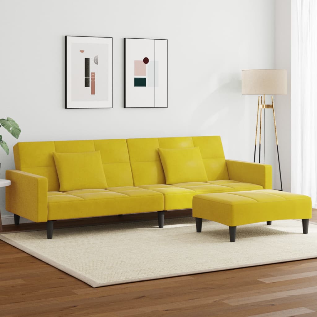 Canapé-lit à 2 places avec repose-pied jaune velours
