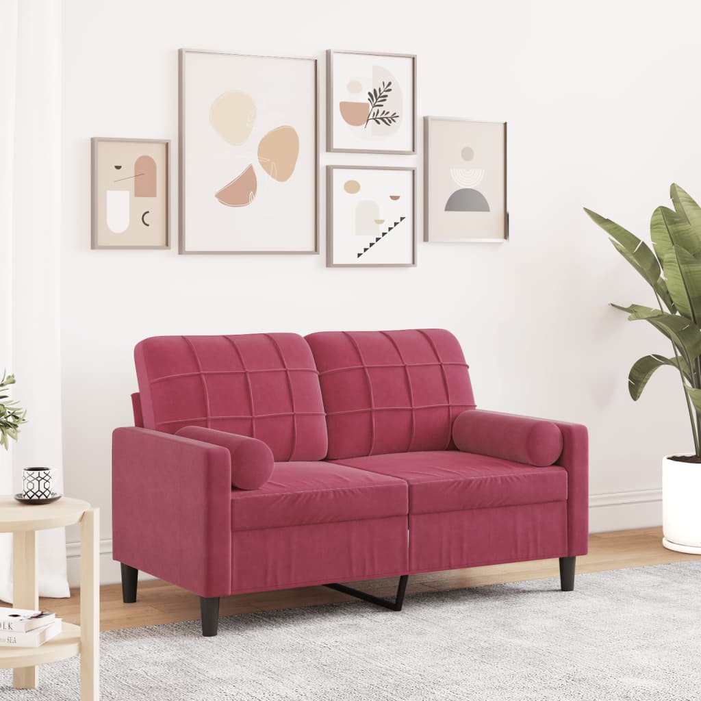Canapé 2 places avec oreillers bordeaux 120 cm velours
