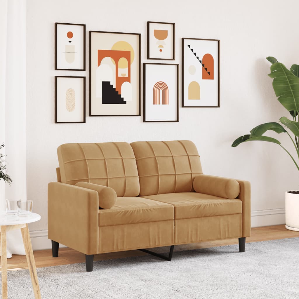 Canapé 2 places avec oreillers décoratifs brun 120 cm velours